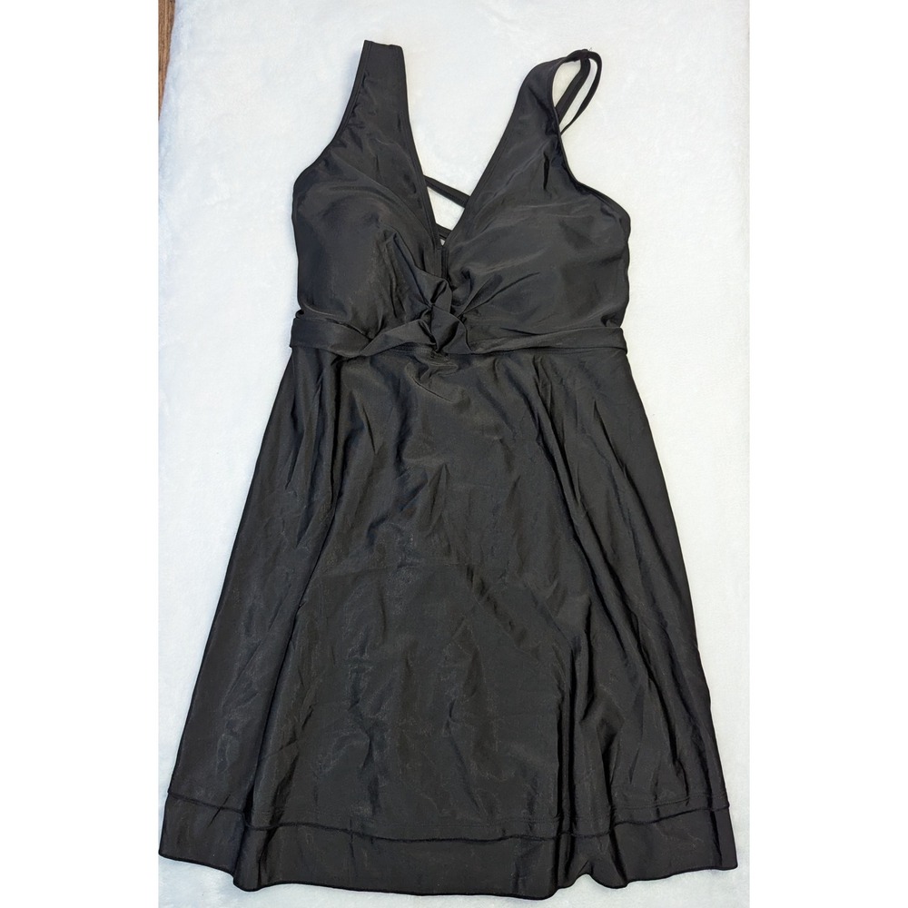 Hanna Nikole Black Twist Front V-Neck Swim Dress Plus Size 22W NWT